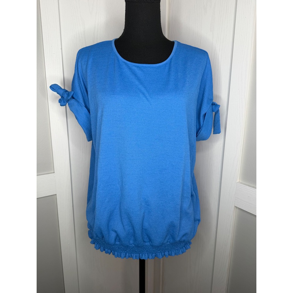 Fred David Blouse Womens Large Blue Textured Smocked Hem Tie Sleeve Top